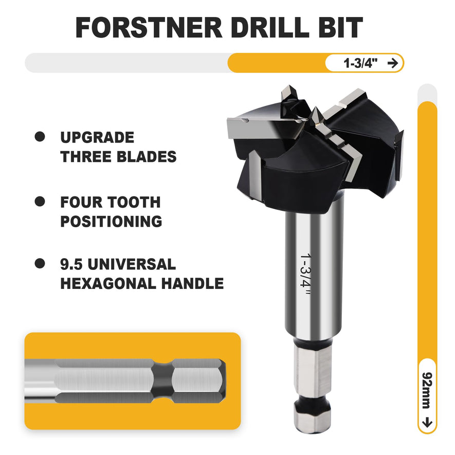 1" Forstner Drill Bit with 1/4" Quick Change Hex Shank,Triple Flute Tungsten Carbide Tipped - for Hard Wood,Soft Wood Woodworking Hinge Cutter Tool Kits for Veneered Plywood Plastic