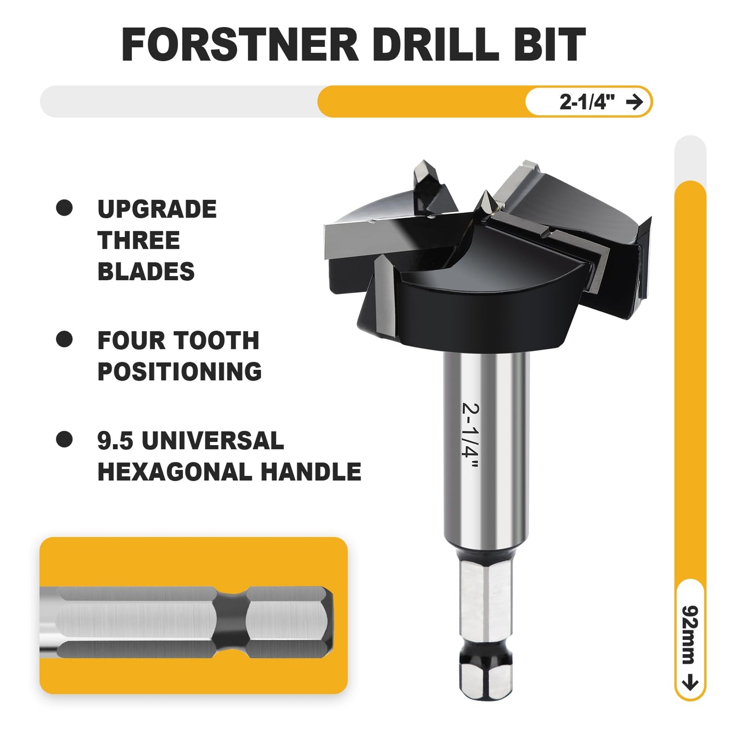 Forstner Drill Bit with 1/4" Quick Change Hex Shank,Triple Flute Tungsten Carbide Tipped - for Hard Wood,Soft Wood Woodworking Hinge Cutter Tool Kits for Veneered Plywood Plastic