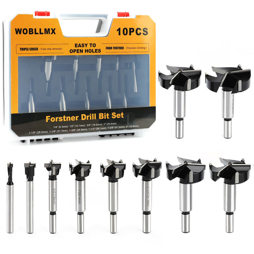 10PCS Forstner Drill Bit,Triple Flute Tungsten Carbide Tipped - for Hard Wood,Soft Wood Woodworking Hinge Cutter Tool Kits for Veneered Plywood Plastic