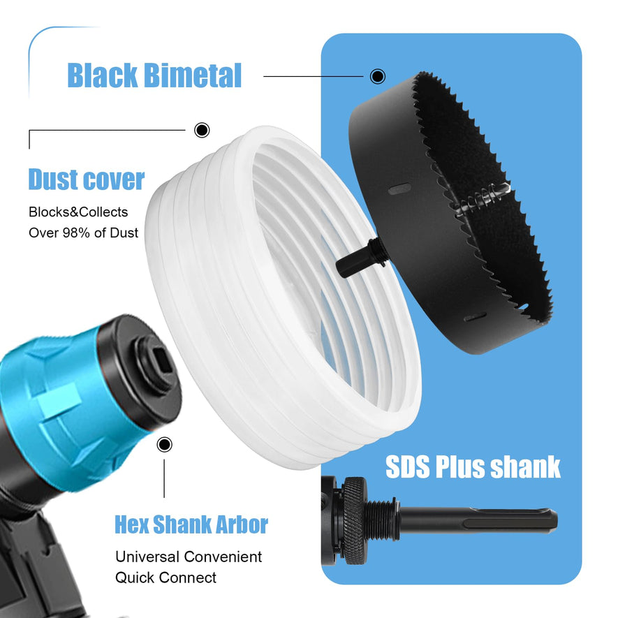 4-5/16" | 110mm Hole Saw for Recessed Lights,4-5/16" Bi-Metal Hole Cutter with Dust Bowl Include Hex Shank & SDS Plus for LED Recessed Ceiling Lighting and Wood Metal Drywall Can Lights