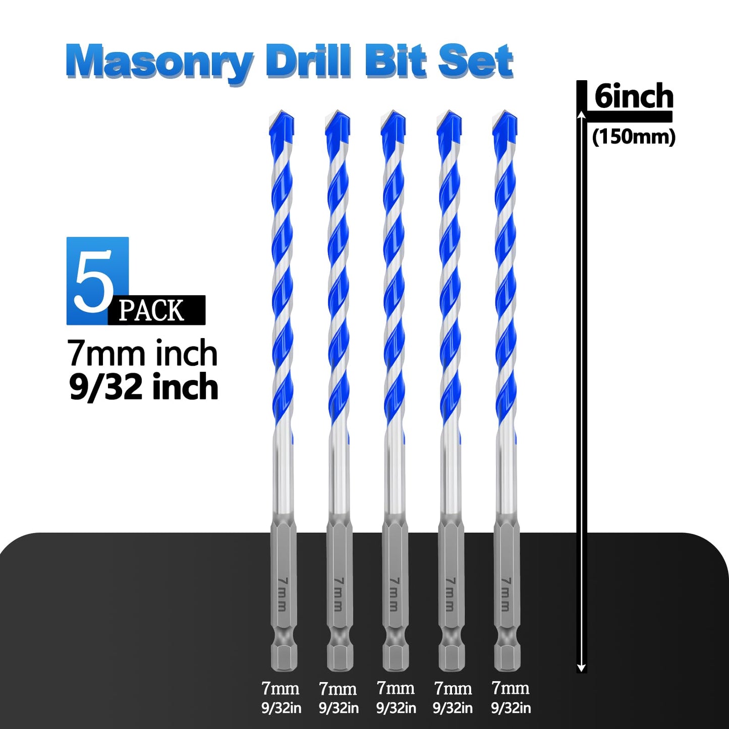 5 Pack 5/32" Masonry Drill Bit Set,Concrete Drill Bit Set,Concrete Drill Bits for Concrete, Tile,Brick, Cement,Glass (Hex Shank, 5/32 inch( 5 Pack ))