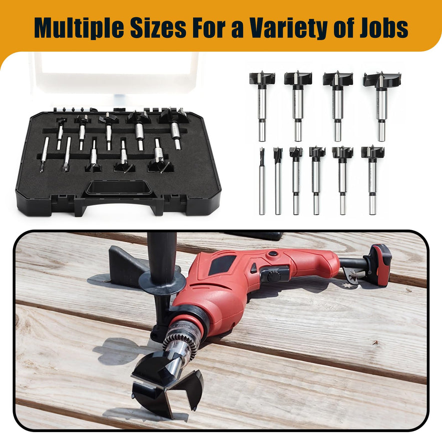 10PCS Forstner Drill Bit,Triple Flute Tungsten Carbide Tipped - for Hard Wood,Soft Wood Woodworking Hinge Cutter Tool Kits for Veneered Plywood Plastic