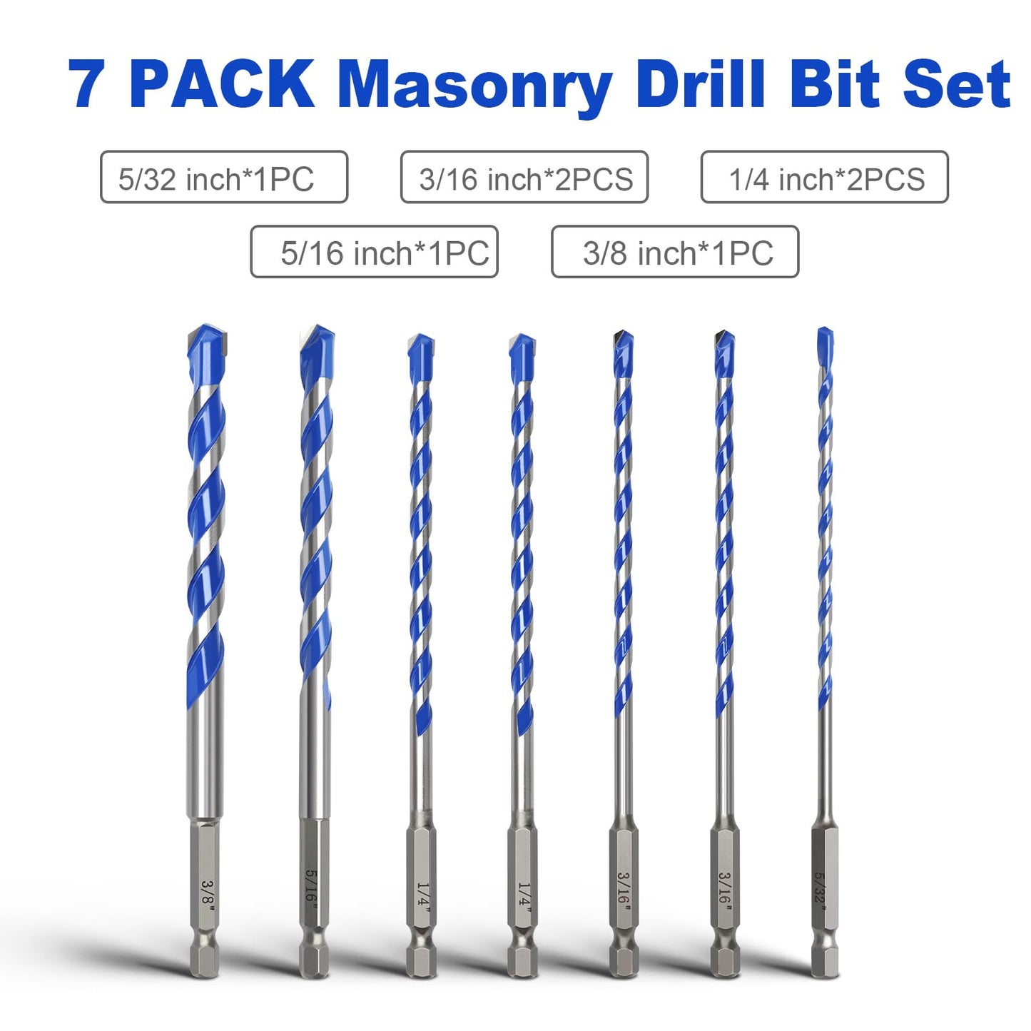 5 Pack 1/8 inch Masonry Drill Bit Set,Concrete Drill Bit Set with Hex Shank,Carbide Tip Drill Bits for Concrete, Cement, Tile,Brick, Plastic and Ceramic (1/8"（5 Pcs）)