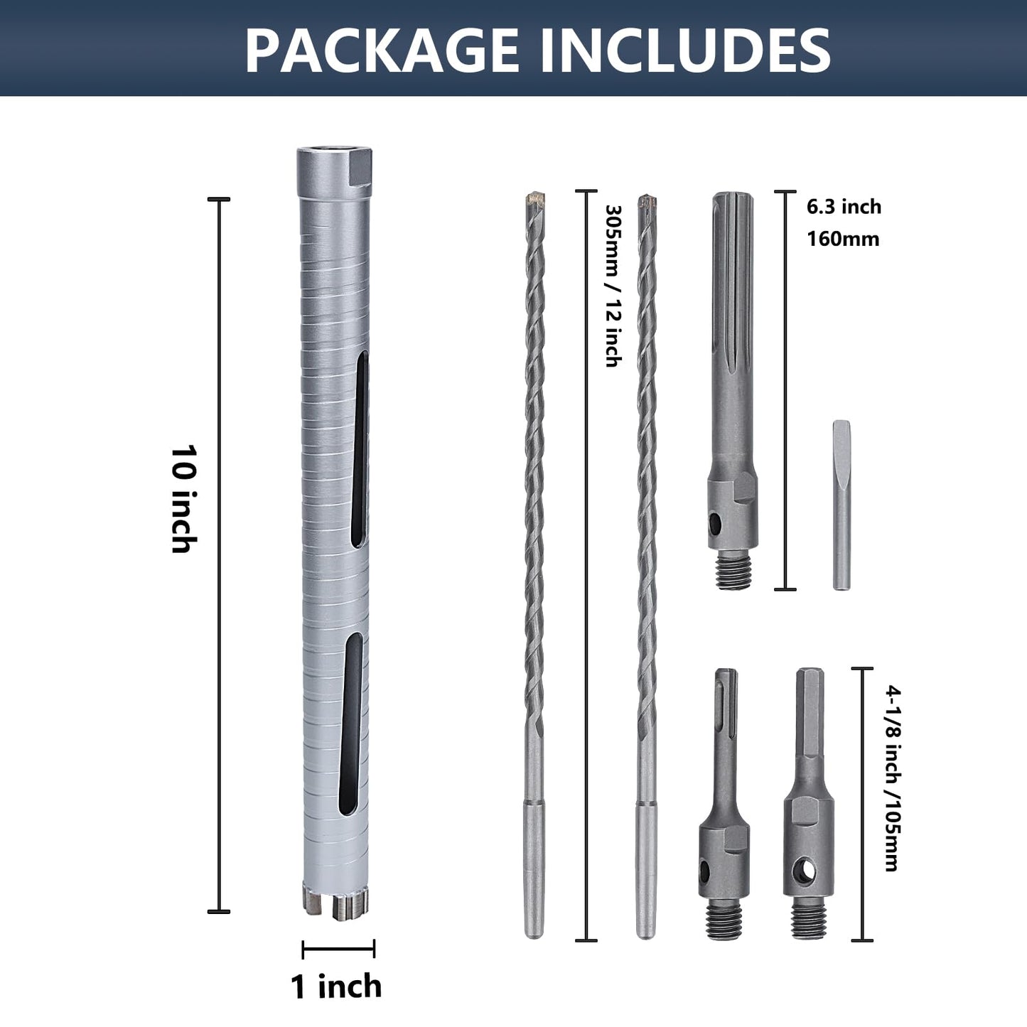 3 inch Diamond Dry Core Drill Bit, 10" Drilling Depth, 5/8"-11 Thread Core Drill Bit for Concrete Masonry Brick Block, Includes 3 Adapters SDS Plus, SDS Max and Hex (3 inch)