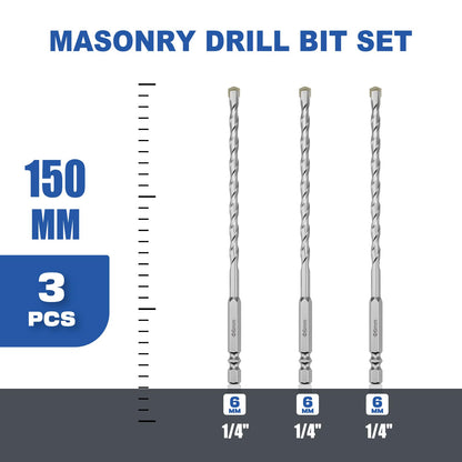 3er-Pack 1/4"(6mm) Sechskantschaft Hammerbohrer Steinbohrer, 110mm Länge Steinbohrer für Beton, Zement, Ziegel, Stein (3 Stück, 1/4" x 4.3" (6x110mm))