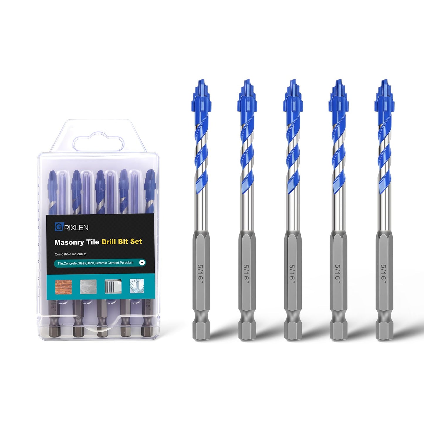 5 Pack 3/16" Tile Drill Bits, Hex Shank Step Masonry Drill Bits for Tile,Concrete, Porcelain,Brick, Glass, Cement, 6" Length