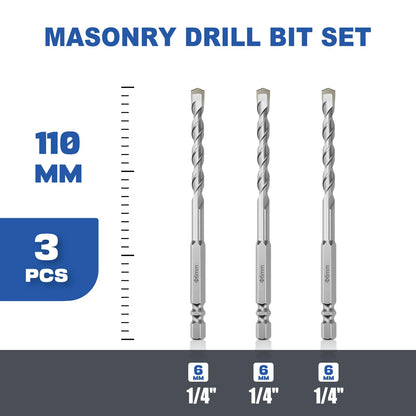 3er-Pack 1/4"(6mm) Sechskantschaft Hammerbohrer Steinbohrer, 110mm Länge Steinbohrer für Beton, Zement, Ziegel, Stein (3 Stück, 1/4" x 4.3" (6x110mm))