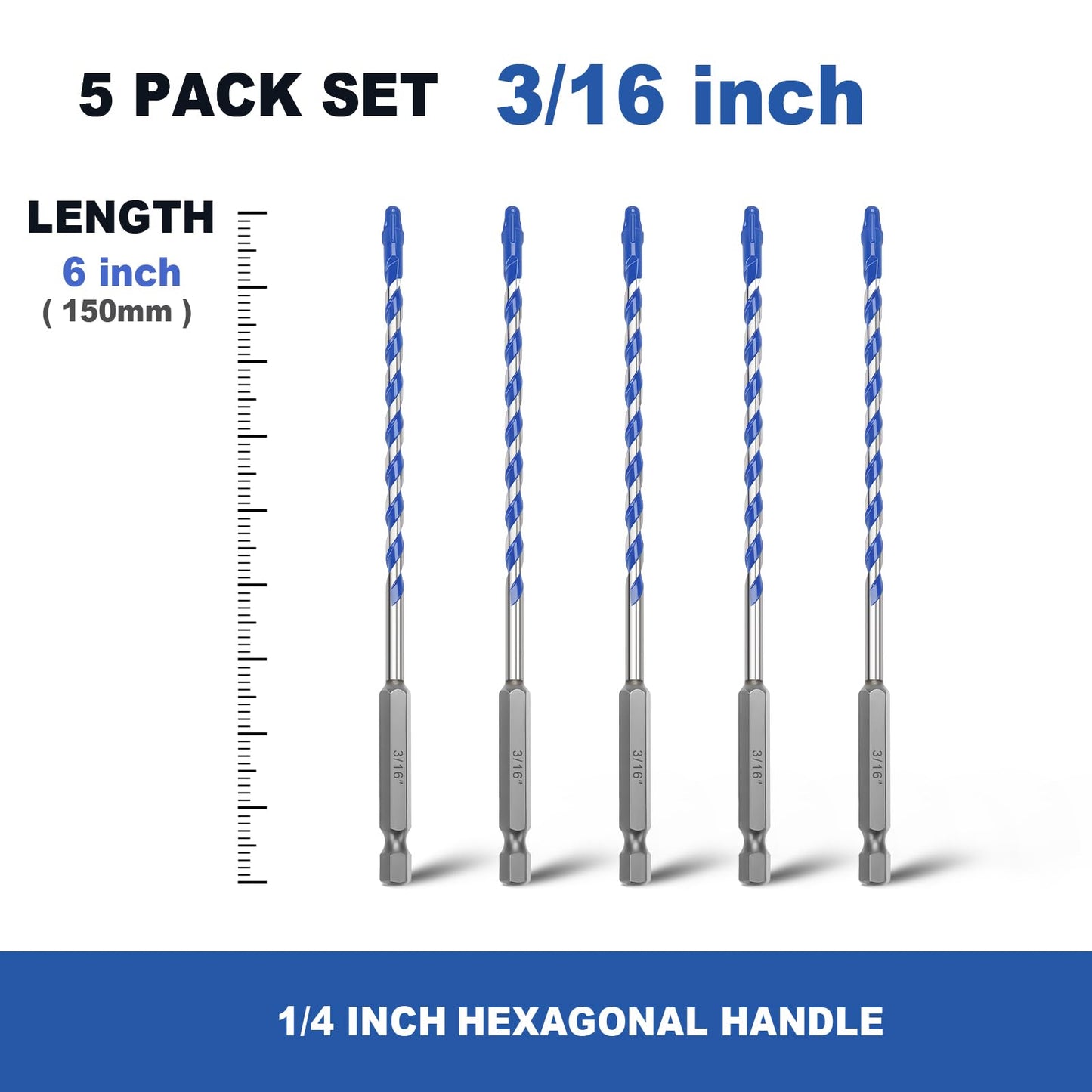 5 Pack 3/16" Tile Drill Bits, Hex Shank Step Masonry Drill Bits for Tile,Concrete, Porcelain,Brick, Glass, Cement, 6" Length