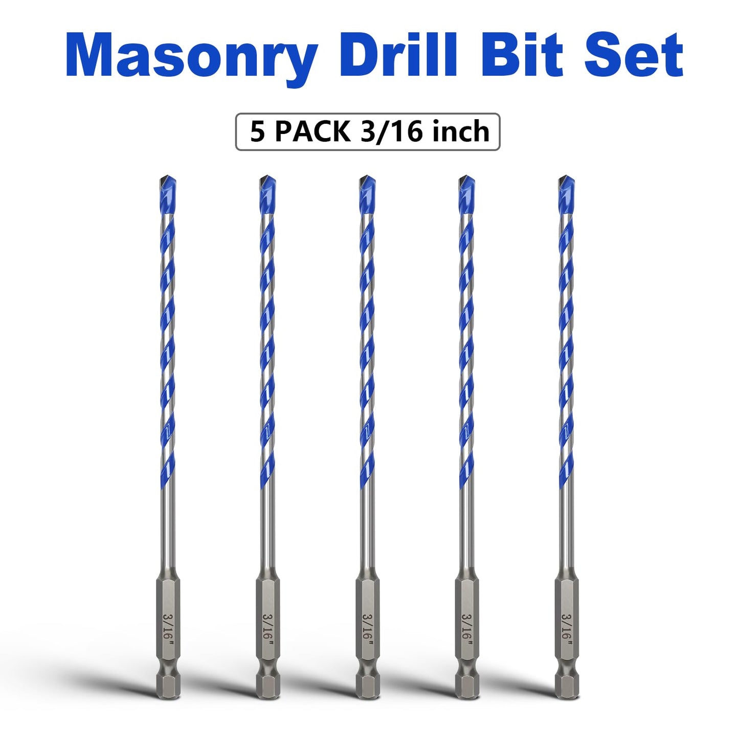 5 Pack 1/8 inch Masonry Drill Bit Set,Concrete Drill Bit Set with Hex Shank,Carbide Tip Drill Bits for Concrete, Cement, Tile,Brick, Plastic and Ceramic (1/8"（5 Pcs）)