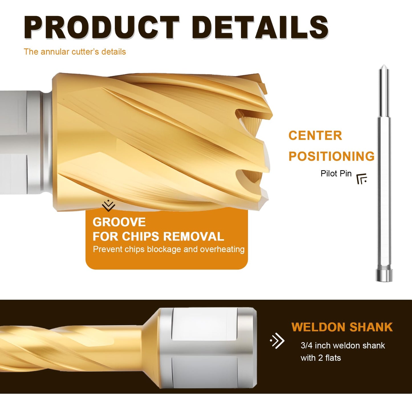 21/32"x1" HSS Annular Cutter，Titanium Coating，Weldon Shank，Diameter 21/32"，Cutting Depth 1"