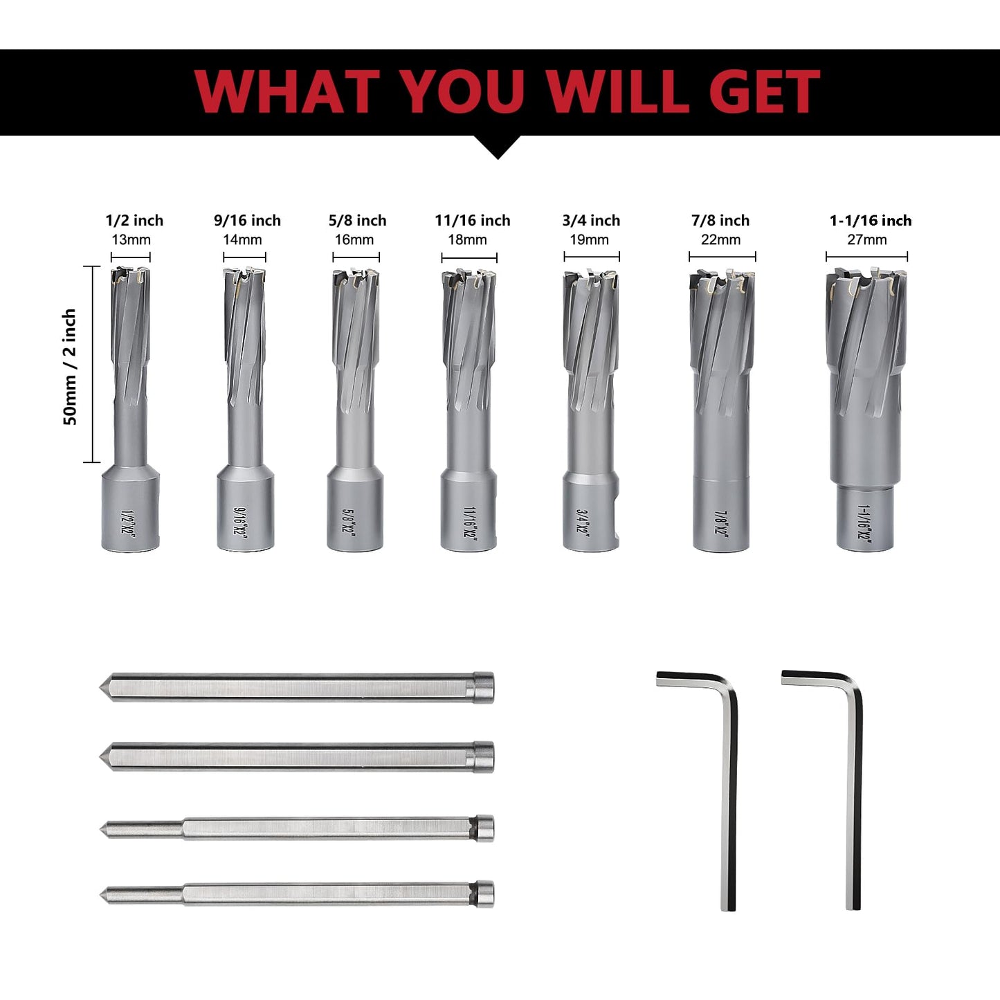 12 Pack 7/16 to 1-1/8 inch Annular Cutters Set with Weldon Shank,11mm ~ 29mm Carbide Tip Annular Drill Bit for Stainless Steel, Iron (1-3/8 inch Depth Set)
