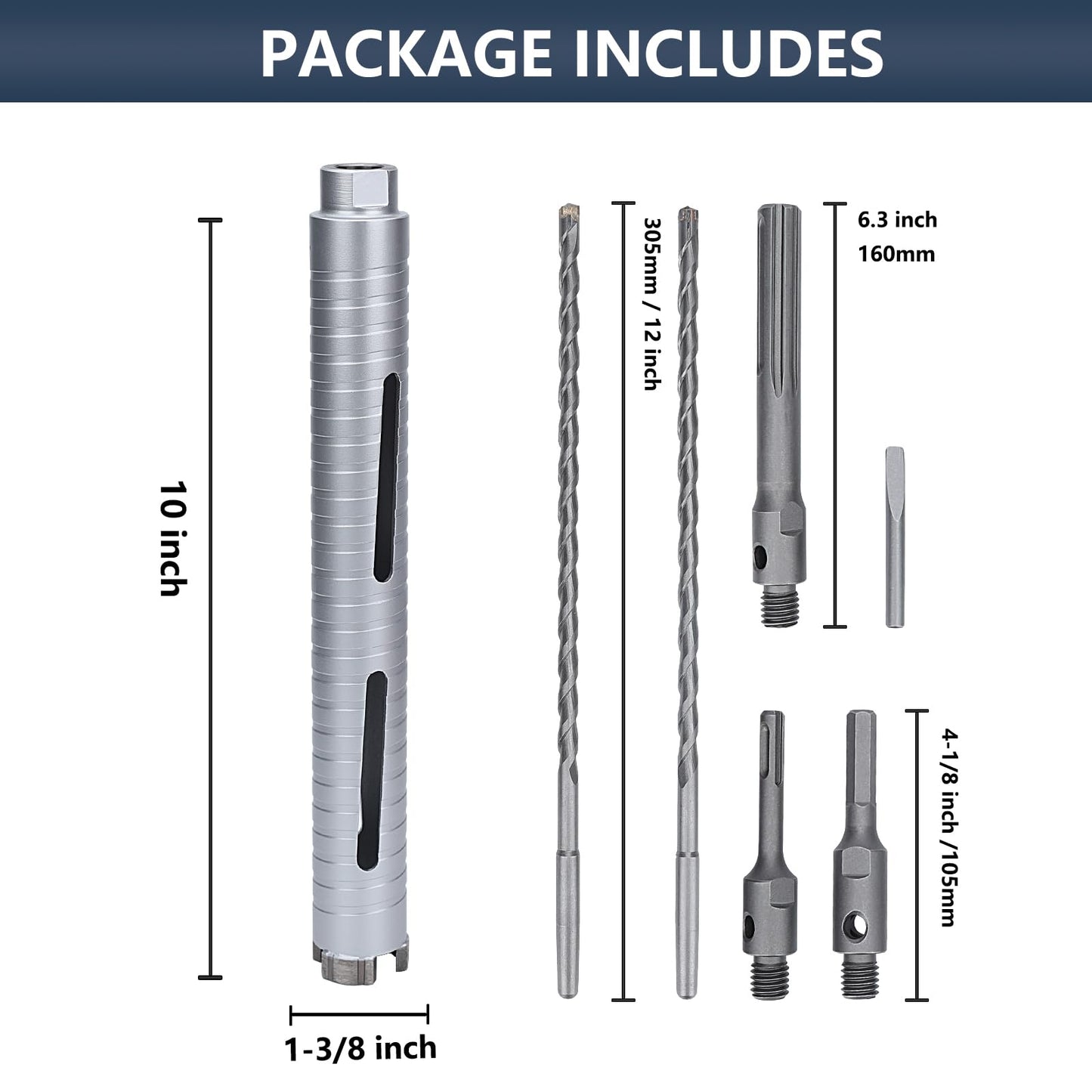 3 inch Diamond Dry Core Drill Bit, 10" Drilling Depth, 5/8"-11 Thread Core Drill Bit for Concrete Masonry Brick Block, Includes 3 Adapters SDS Plus, SDS Max and Hex (3 inch)