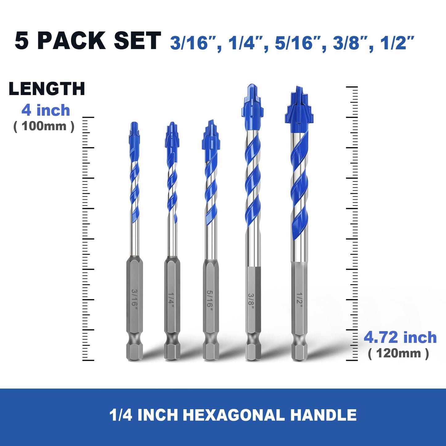 5 Pack 3/16" Tile Drill Bits, Hex Shank Step Masonry Drill Bits for Tile,Concrete, Porcelain,Brick, Glass, Cement, 6" Length