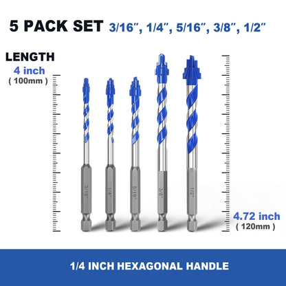 5er-Pack 3/16 Zoll Fliesenbohrer, Sechskantschaft-Stufenbohrer für Fliesen, Beton, Porzellan, Ziegel, Glas, Zement, 15,2 cm Länge