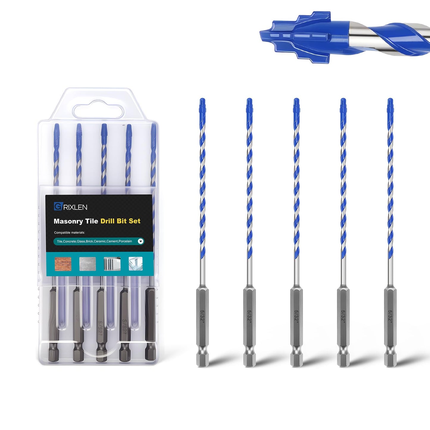 5 Pack 3/16" Tile Drill Bits, Hex Shank Step Masonry Drill Bits for Tile,Concrete, Porcelain,Brick, Glass, Cement, 6" Length
