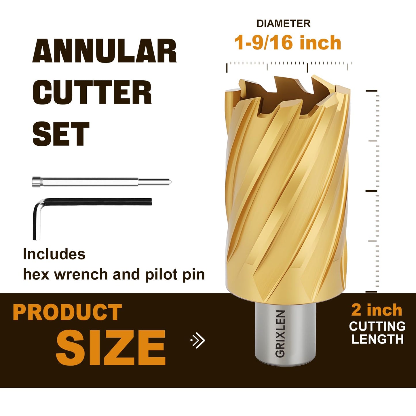 21/32"x1" HSS Annular Cutter，Titanium Coating，Weldon Shank，Diameter 21/32"，Cutting Depth 1"