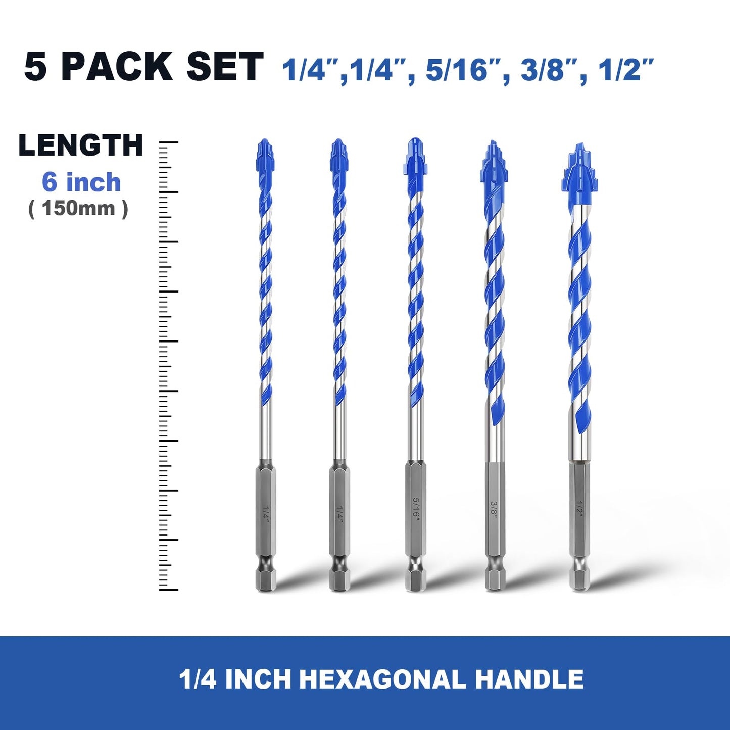 5 Pack 3/16" Tile Drill Bits, Hex Shank Step Masonry Drill Bits for Tile,Concrete, Porcelain,Brick, Glass, Cement, 6" Length
