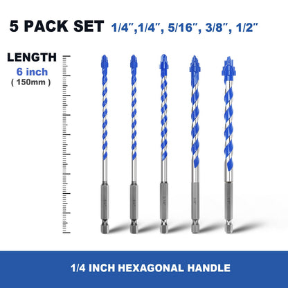 5er-Pack 3/16 Zoll Fliesenbohrer, Sechskantschaft-Stufenbohrer für Fliesen, Beton, Porzellan, Ziegel, Glas, Zement, 15,2 cm Länge