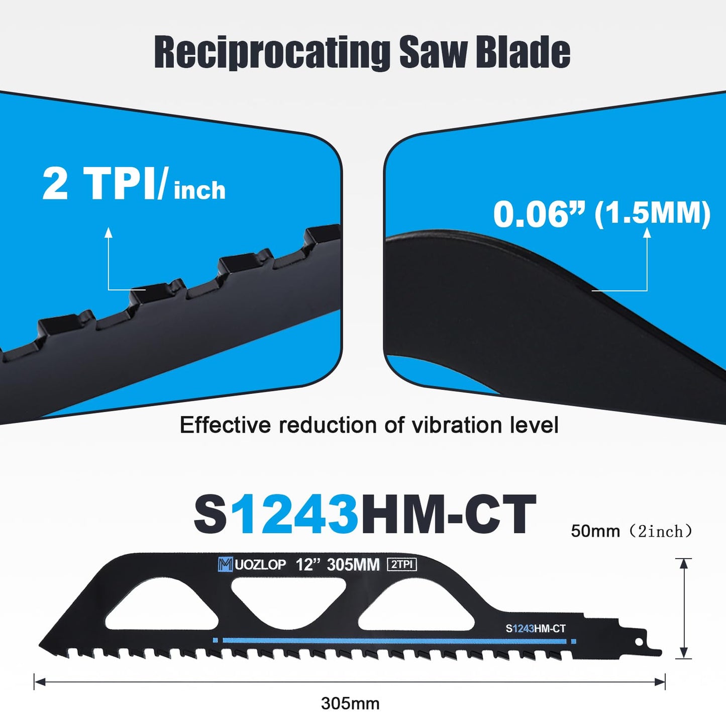 12 inch Masonry Reciprocating Saw Blades,2TPI Carbide Blade Strong teeths for Cutting Brick, Cement, Porous Concrete，3 Pack (3, 12 inch)