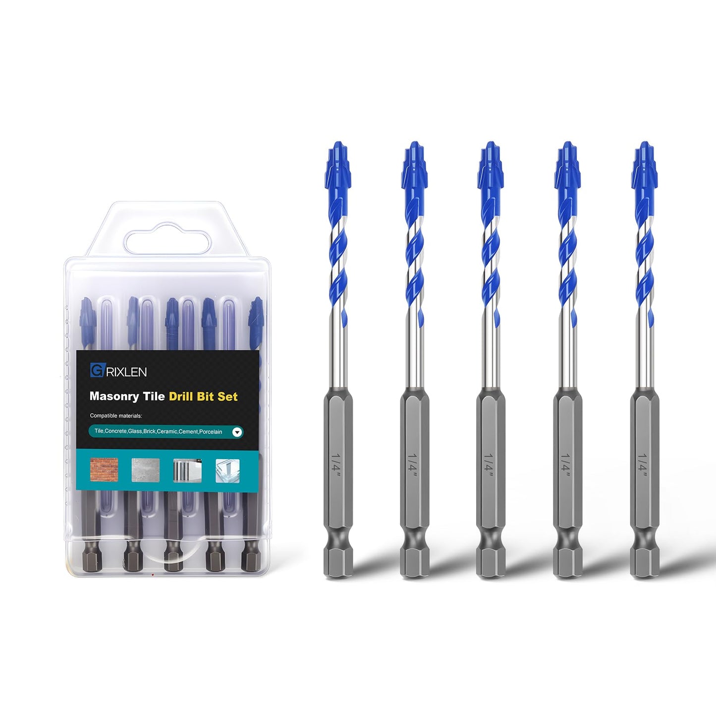 5 Pack 3/16" Tile Drill Bits, Hex Shank Step Masonry Drill Bits for Tile,Concrete, Porcelain,Brick, Glass, Cement, 6" Length