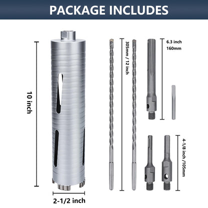 76 mm Diamant-Trockenbohrkrone, 254 mm Bohrtiefe, 5/8"-11 Gewinde Kernbohrer für Beton Mauerwerk Ziegelstein, inklusive 3 Adapter SDS Plus, SDS Max und Sechskant (76 mm)
