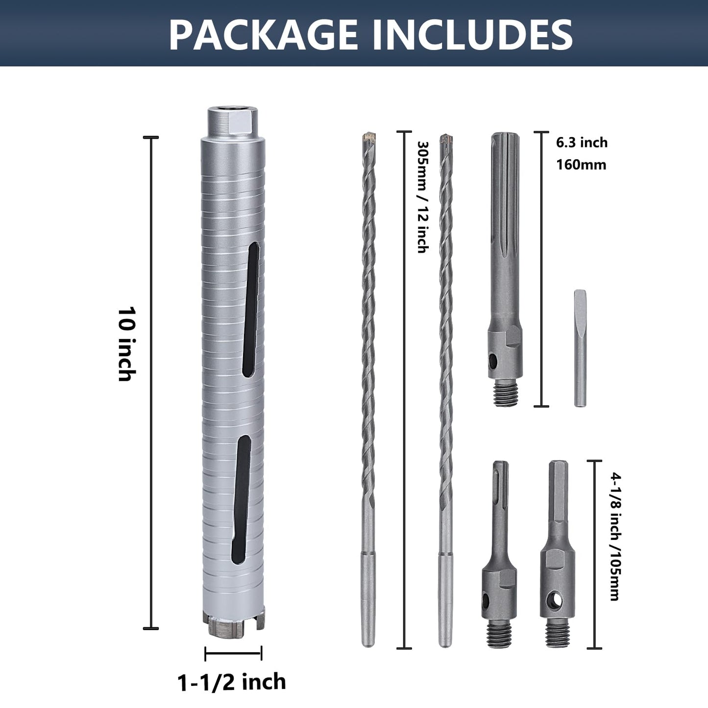 3 inch Diamond Dry Core Drill Bit, 10" Drilling Depth, 5/8"-11 Thread Core Drill Bit for Concrete Masonry Brick Block, Includes 3 Adapters SDS Plus, SDS Max and Hex (3 inch)