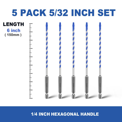 5er-Pack 3/16 Zoll Fliesenbohrer, Sechskantschaft-Stufenbohrer für Fliesen, Beton, Porzellan, Ziegel, Glas, Zement, 15,2 cm Länge