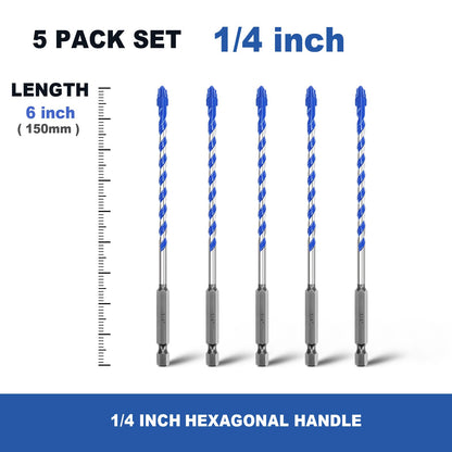 5er-Pack 3/16 Zoll Fliesenbohrer, Sechskantschaft-Stufenbohrer für Fliesen, Beton, Porzellan, Ziegel, Glas, Zement, 15,2 cm Länge