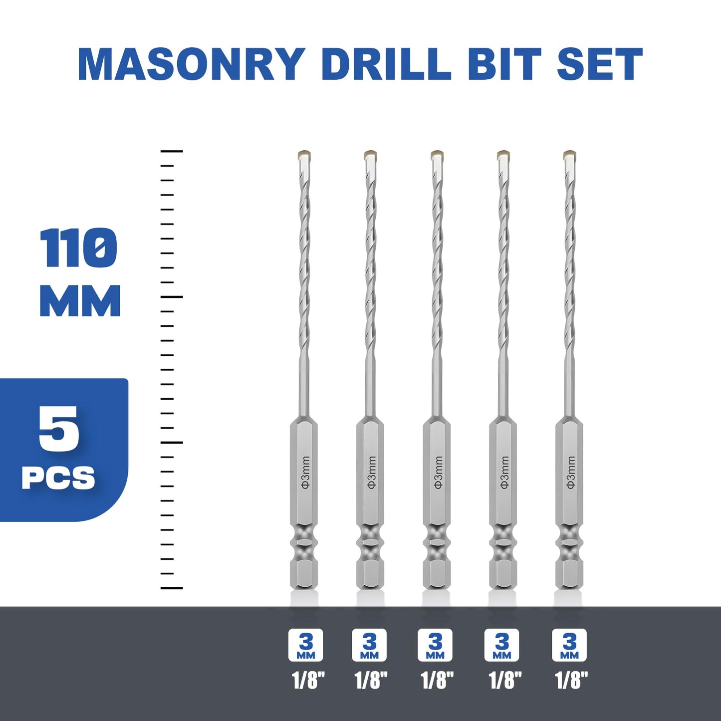 3 Pack 1/4"(6mm) Hex Shank Hammer Drill Masonry Bits, 4.3" Length Masonry Drill Bits for Concrete, Cement, Brick, Stone (3 Pieces, 1/4" x 4.3" (6x110mm))