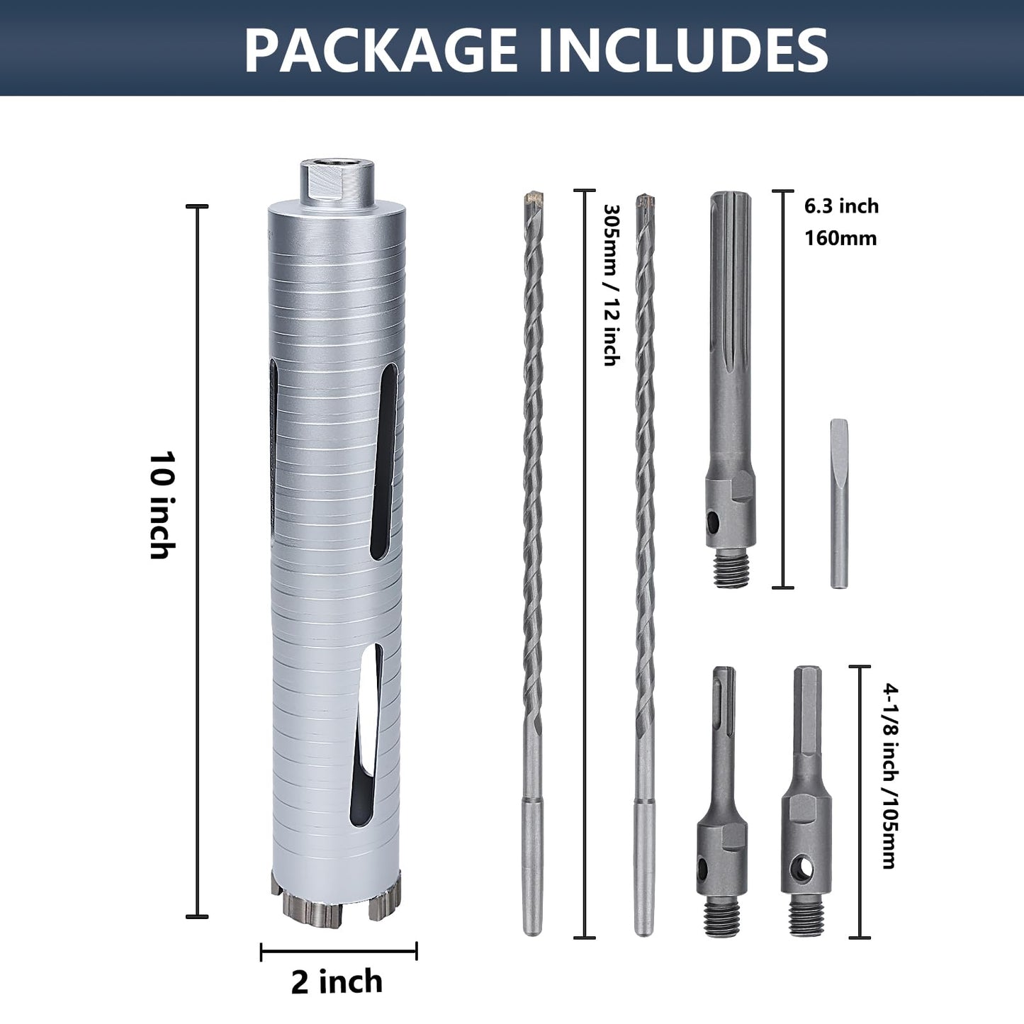 3 inch Diamond Dry Core Drill Bit, 10" Drilling Depth, 5/8"-11 Thread Core Drill Bit for Concrete Masonry Brick Block, Includes 3 Adapters SDS Plus, SDS Max and Hex (3 inch)
