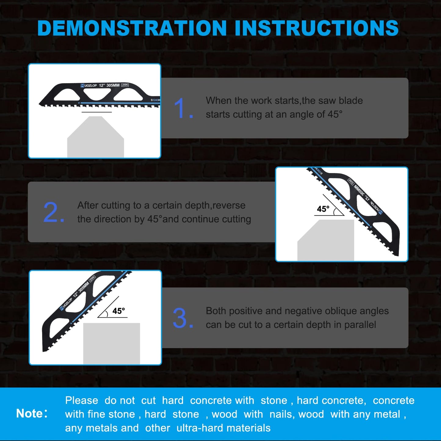 12 inch Masonry Reciprocating Saw Blades,2TPI Carbide Blade Strong teeths for Cutting Brick, Cement, Porous Concrete，3 Pack (3, 12 inch)