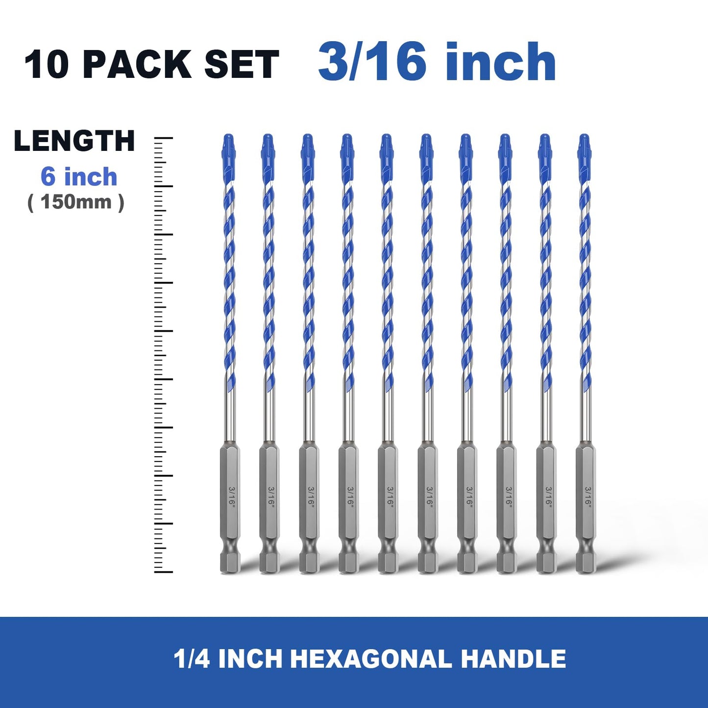 5 Pack 3/16" Tile Drill Bits, Hex Shank Step Masonry Drill Bits for Tile,Concrete, Porcelain,Brick, Glass, Cement, 6" Length