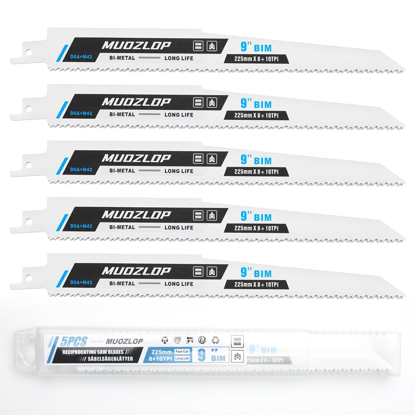 5 Pack 9 inch Reciprocating Saw Blades Set, 6TPI High Carbon Saw Blades, Woodcutting Saw Blades with Organizer Case (5, 6TPI/9 inch)