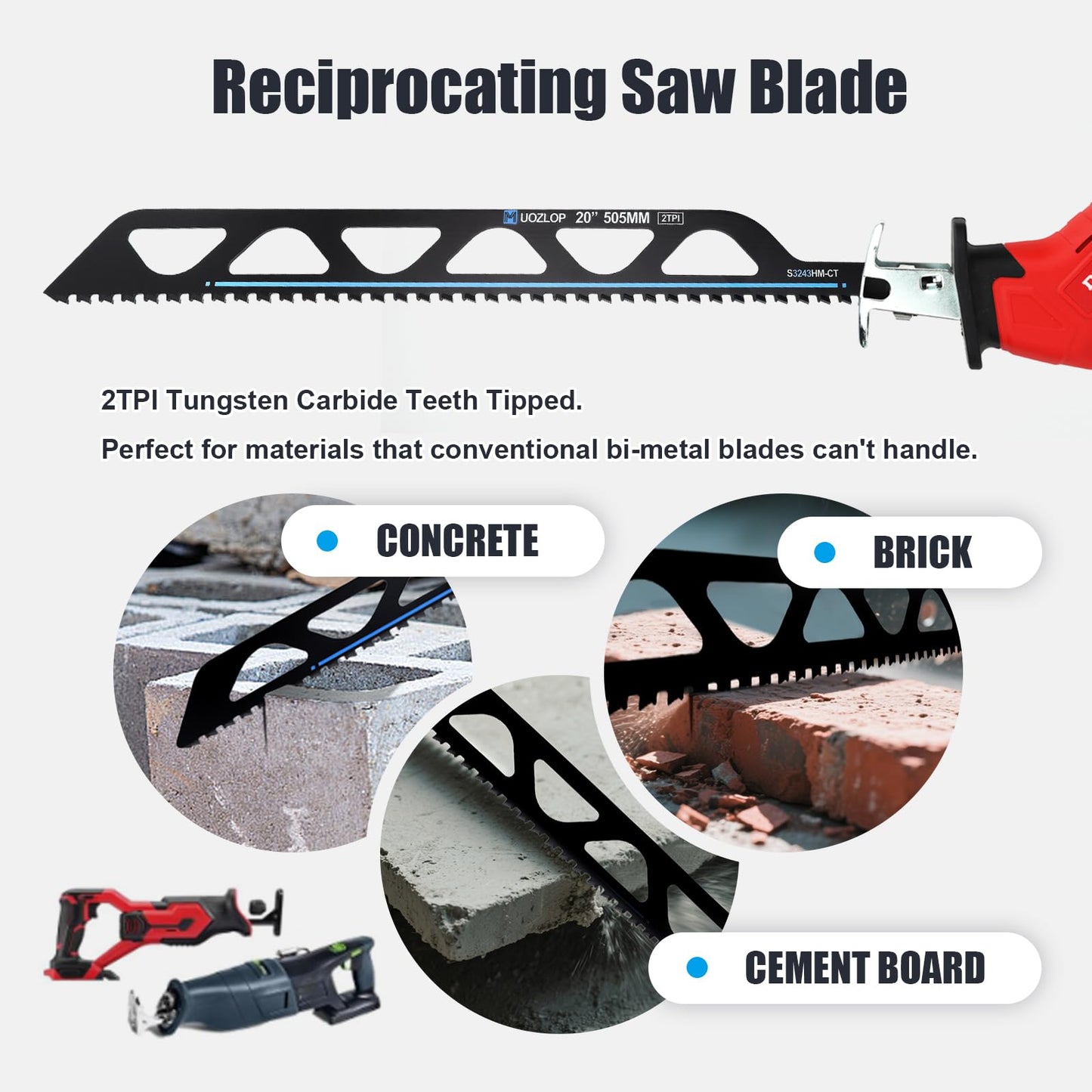 12 inch Masonry Reciprocating Saw Blades,2TPI Carbide Blade Strong teeths for Cutting Brick, Cement, Porous Concrete，3 Pack (3, 12 inch)