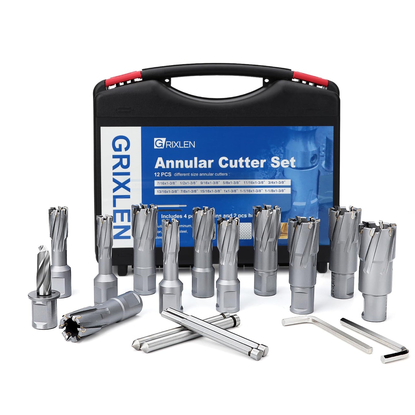 12 Pack 7/16 to 1-1/8 inch Annular Cutters Set with Weldon Shank,11mm ~ 29mm Carbide Tip Annular Drill Bit for Stainless Steel, Iron (1-3/8 inch Depth Set)
