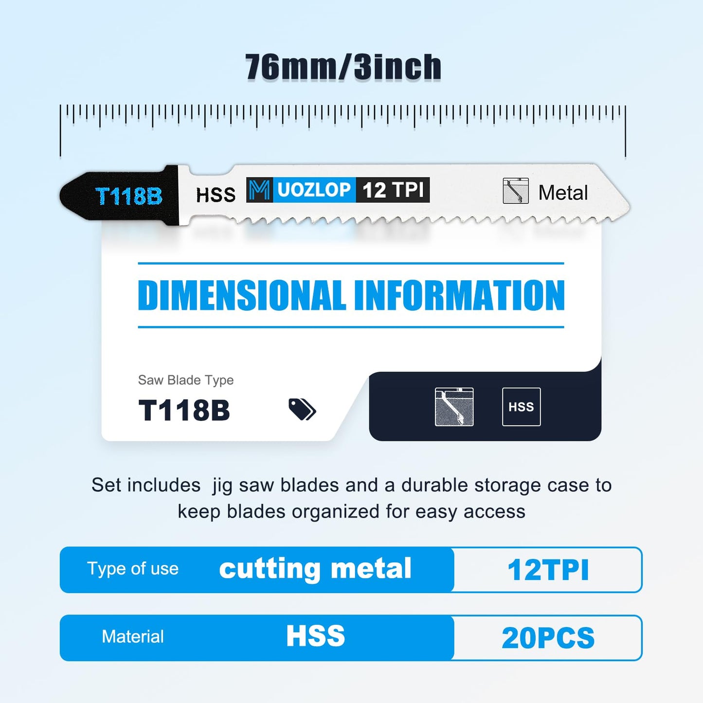 MUOZLOP20pcsT118A Jigsaw Blades，21TPI Jig Saw Blades with Storage Case,T-Shank jig Saw Blades for Metal Cutting (20pcsT118A)
