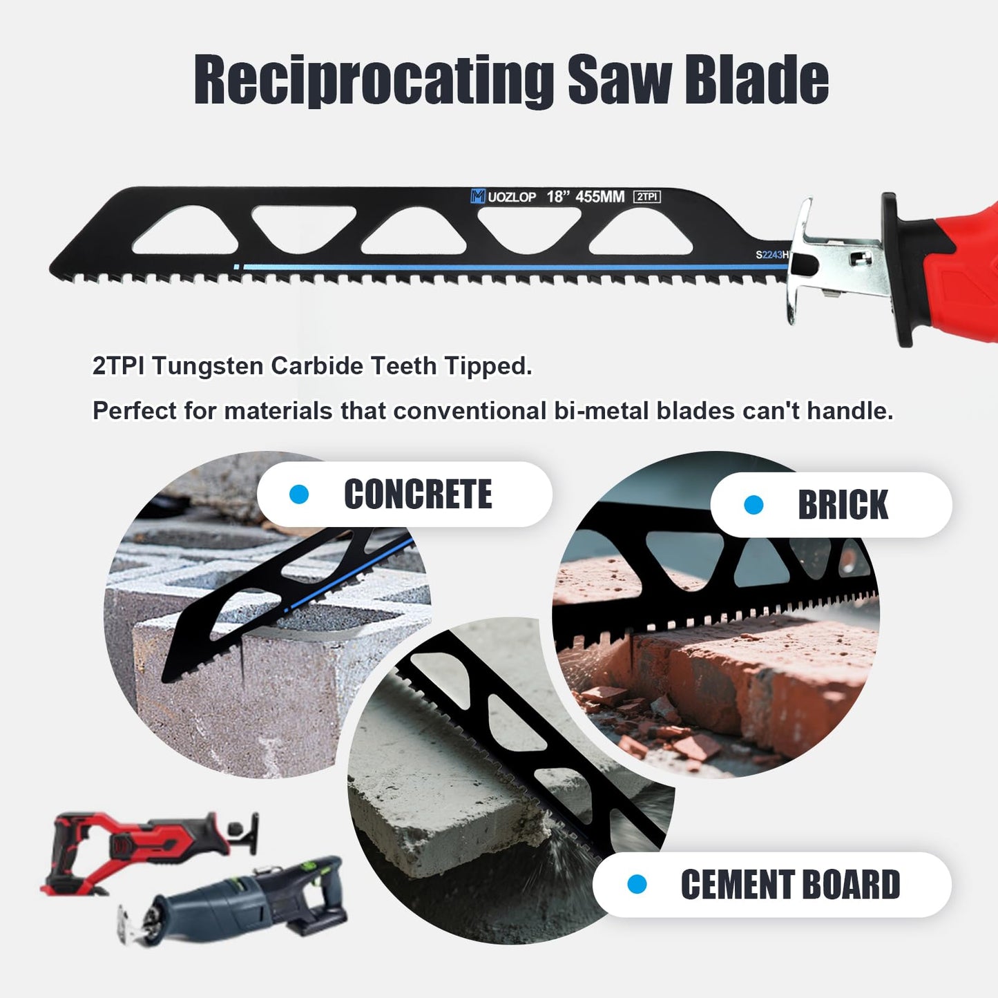 12 inch Masonry Reciprocating Saw Blades,2TPI Carbide Blade Strong teeths for Cutting Brick, Cement, Porous Concrete，3 Pack (3, 12 inch)