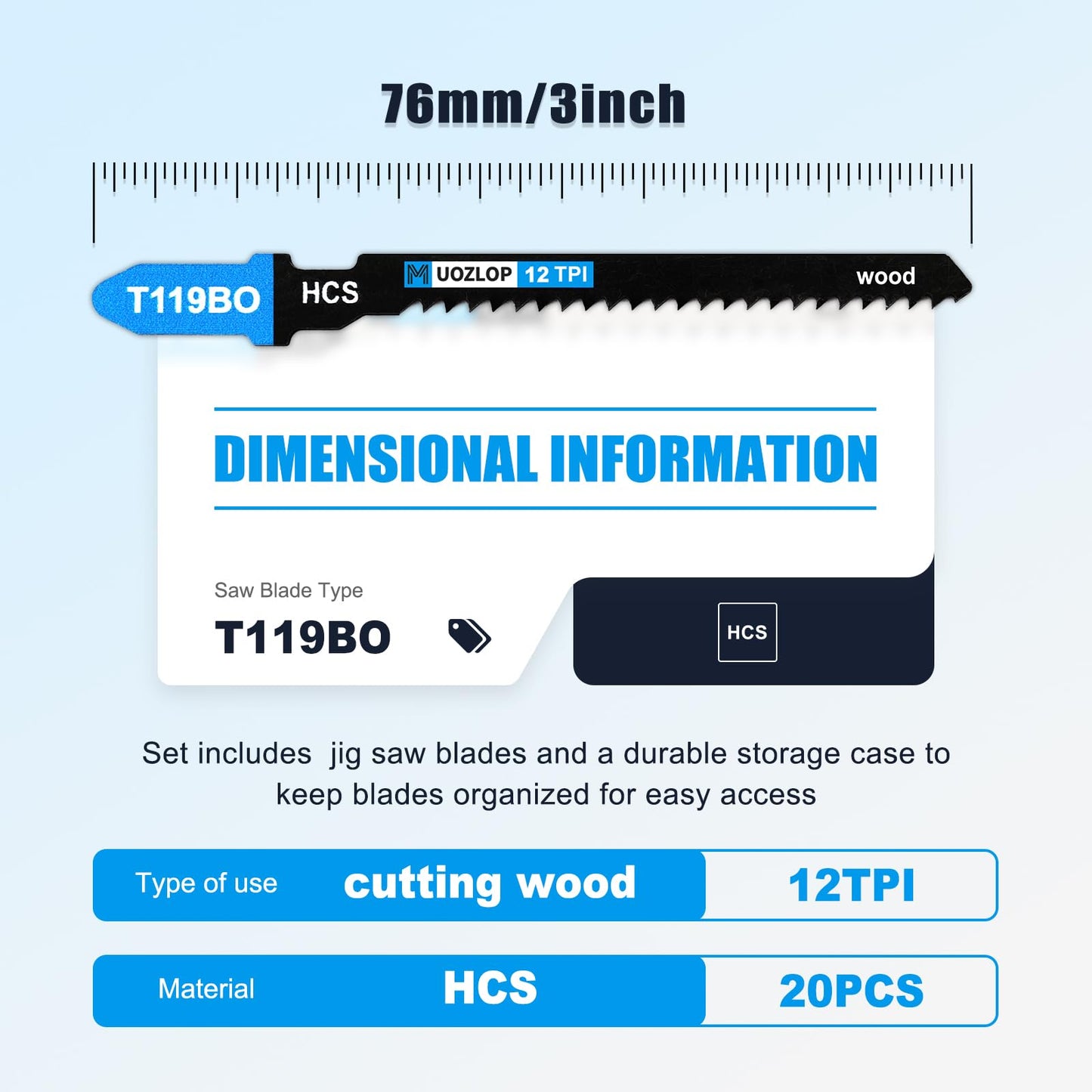 MUOZLOP20pcsT118A Jigsaw Blades，21TPI Jig Saw Blades with Storage Case,T-Shank jig Saw Blades for Metal Cutting (20pcsT118A)