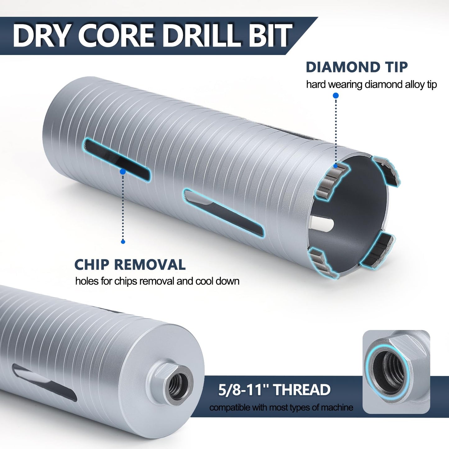 3 inch Diamond Dry Core Drill Bit, 10" Drilling Depth, 5/8"-11 Thread Core Drill Bit for Concrete Masonry Brick Block, Includes 3 Adapters SDS Plus, SDS Max and Hex (3 inch)