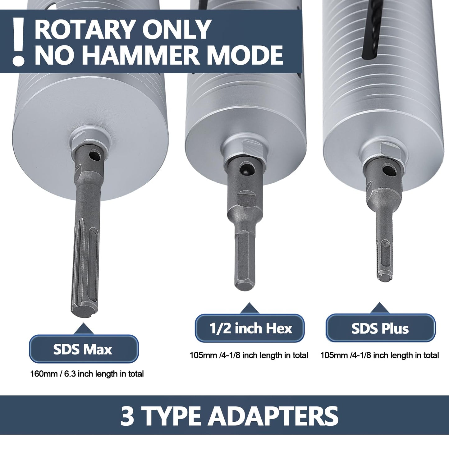 3 inch Diamond Dry Core Drill Bit, 10" Drilling Depth, 5/8"-11 Thread Core Drill Bit for Concrete Masonry Brick Block, Includes 3 Adapters SDS Plus, SDS Max and Hex (3 inch)