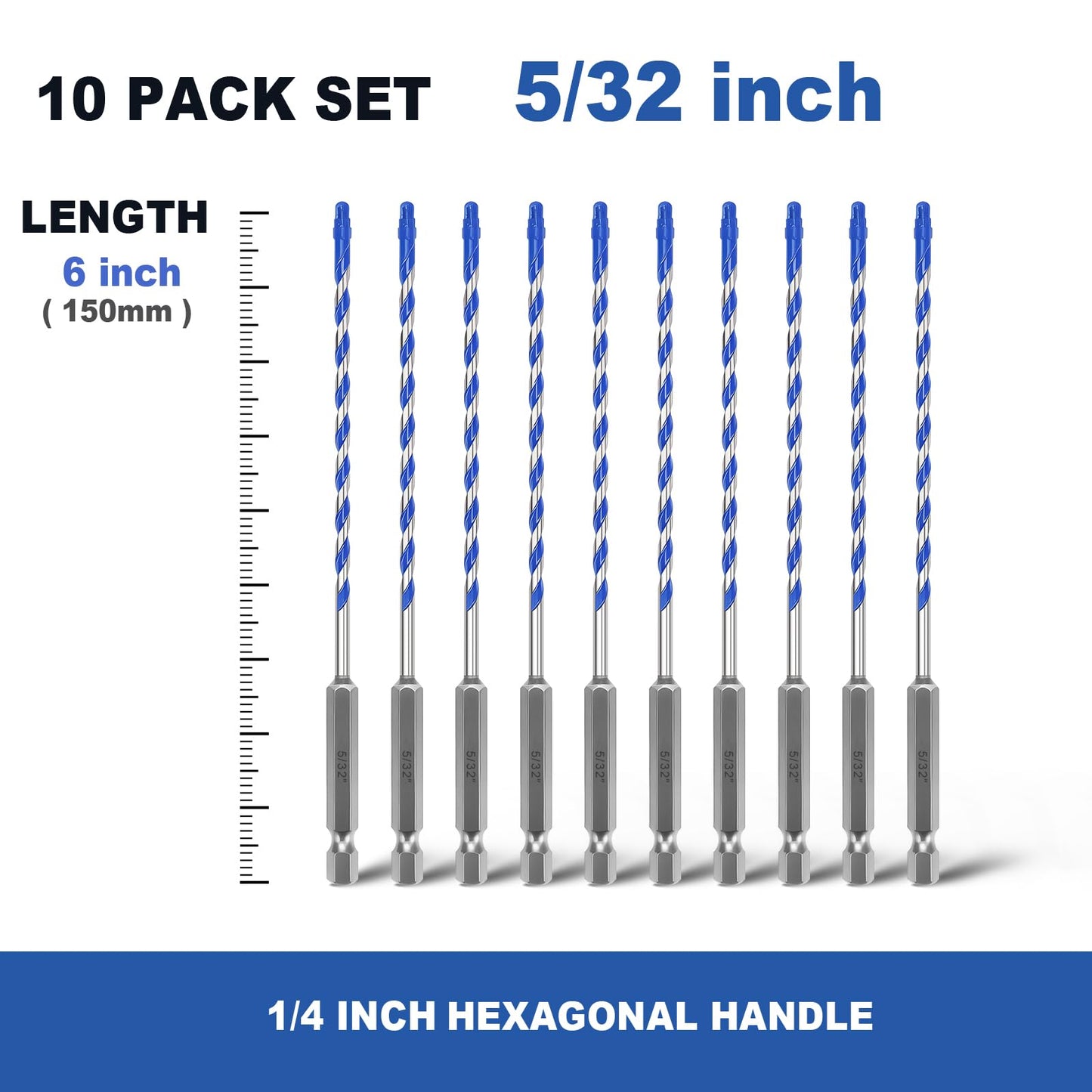 5 Pack 3/16" Tile Drill Bits, Hex Shank Step Masonry Drill Bits for Tile,Concrete, Porcelain,Brick, Glass, Cement, 6" Length