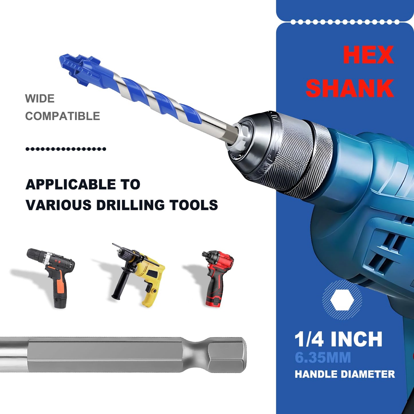 5 Pack 3/16" Tile Drill Bits, Hex Shank Step Masonry Drill Bits for Tile,Concrete, Porcelain,Brick, Glass, Cement, 6" Length