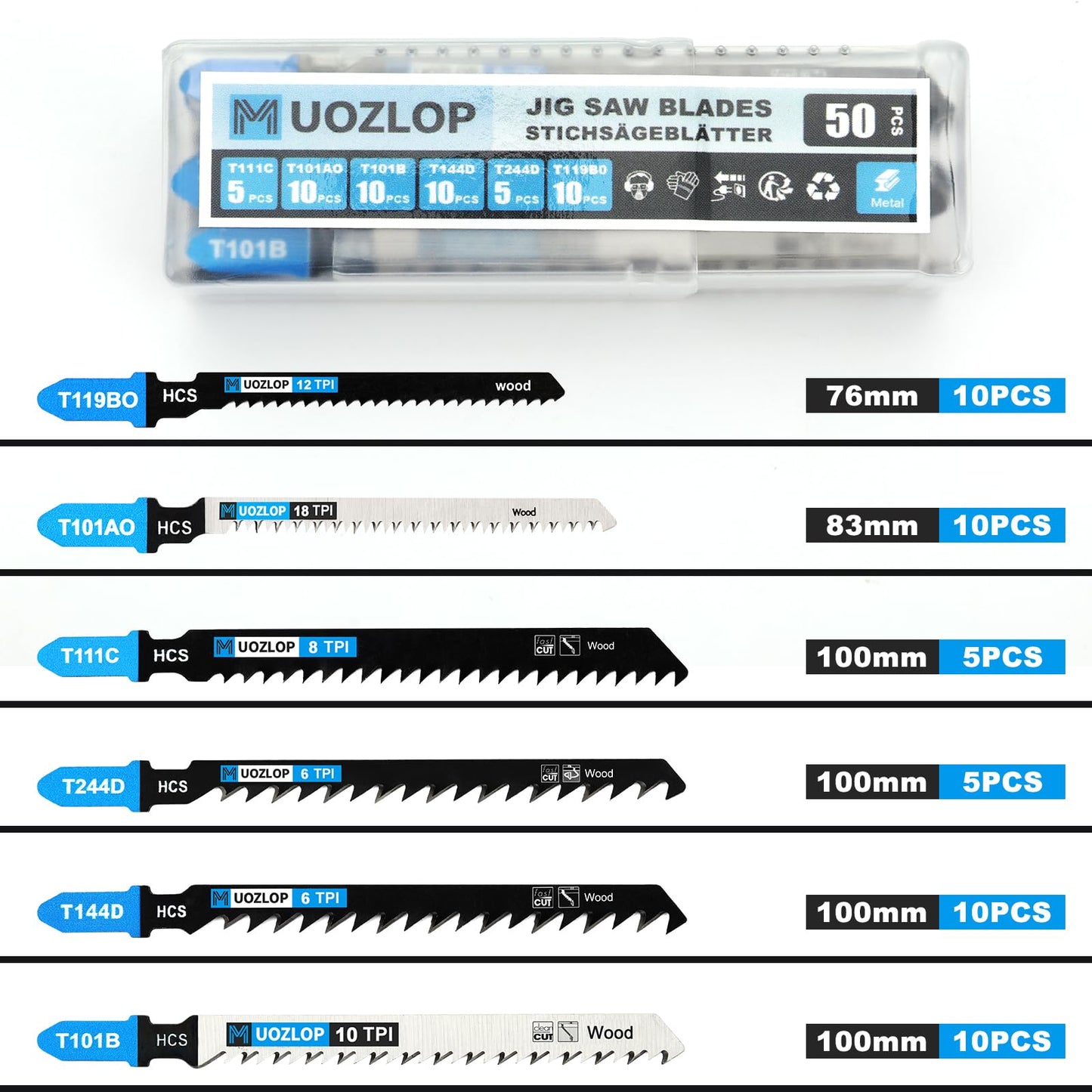 MUOZLOP20pcsT118A Jigsaw Blades，21TPI Jig Saw Blades with Storage Case,T-Shank jig Saw Blades for Metal Cutting (20pcsT118A)