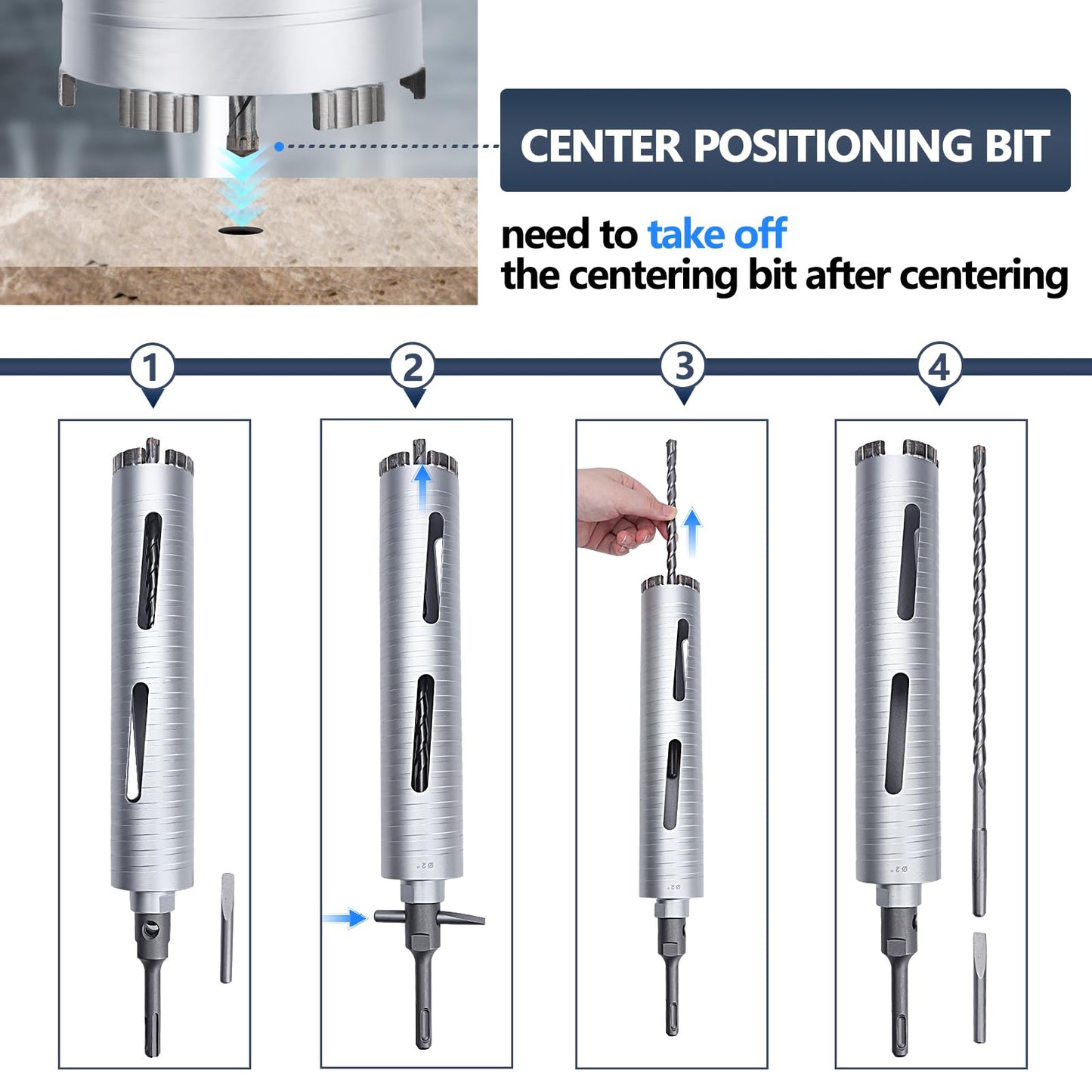 3 inch Diamond Dry Core Drill Bit, 10" Drilling Depth, 5/8"-11 Thread Core Drill Bit for Concrete Masonry Brick Block, Includes 3 Adapters SDS Plus, SDS Max and Hex (3 inch)