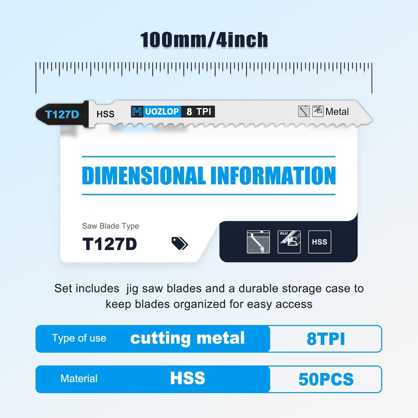 MUOZLOP20pcsT118A Jigsaw Blades，21TPI Jig Saw Blades with Storage Case,T-Shank jig Saw Blades for Metal Cutting (20pcsT118A)