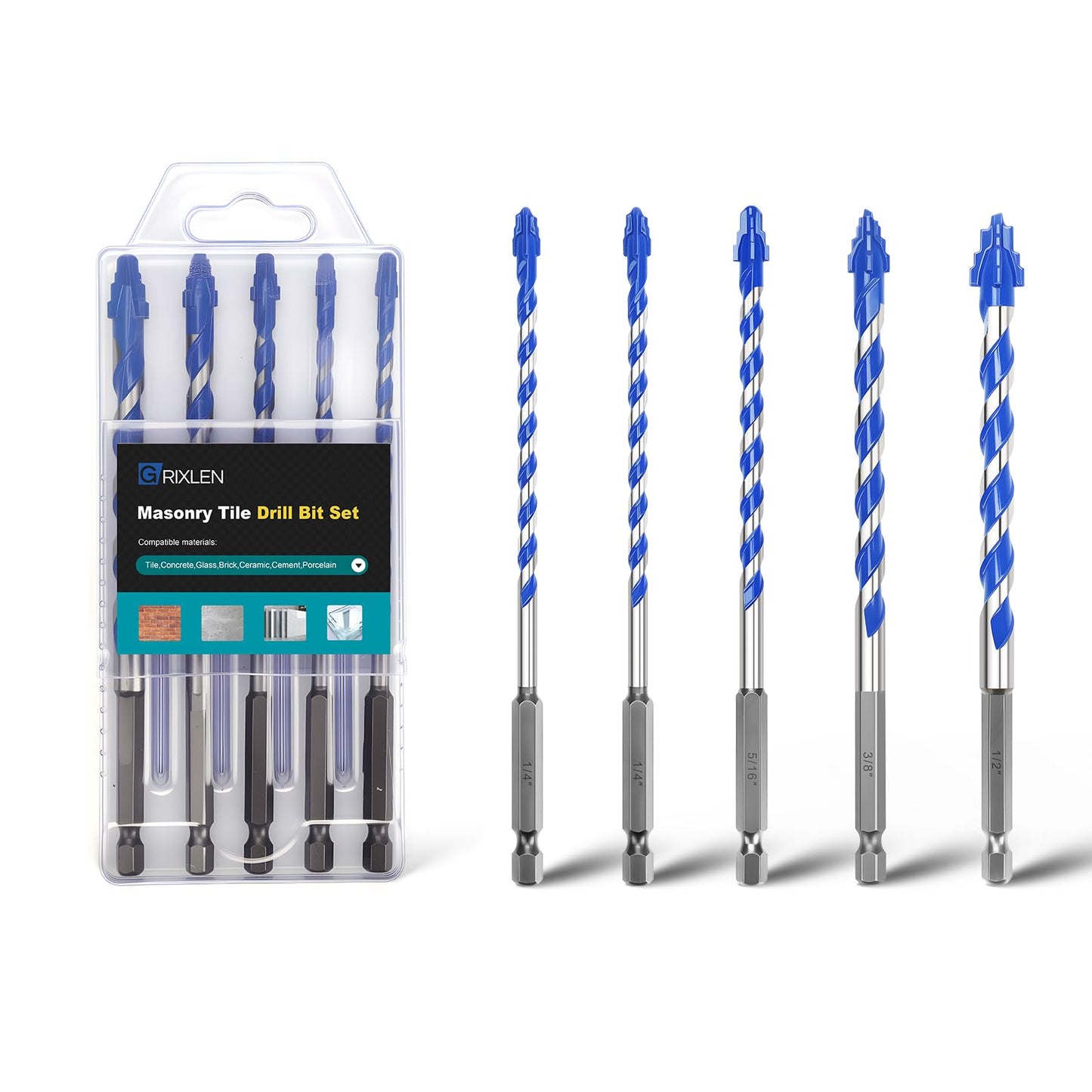5 Pack 3/16" Tile Drill Bits, Hex Shank Step Masonry Drill Bits for Tile,Concrete, Porcelain,Brick, Glass, Cement, 6" Length