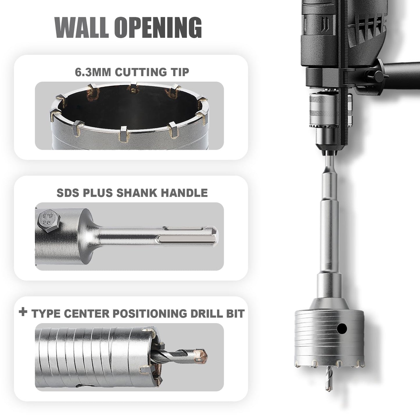 3 inch / 75mm Concrete Hole Saw with SDS Plus Shank Connecting Rod, 6.3mm Tungsten Carbide Tip for Concrete Cement Brick Wall