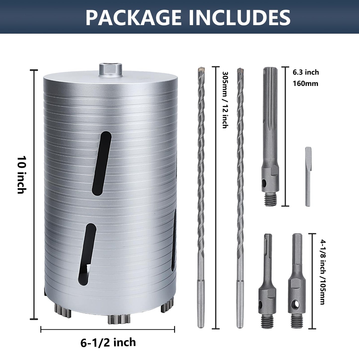 3 inch Diamond Dry Core Drill Bit, 10" Drilling Depth, 5/8"-11 Thread Core Drill Bit for Concrete Masonry Brick Block, Includes 3 Adapters SDS Plus, SDS Max and Hex (3 inch)