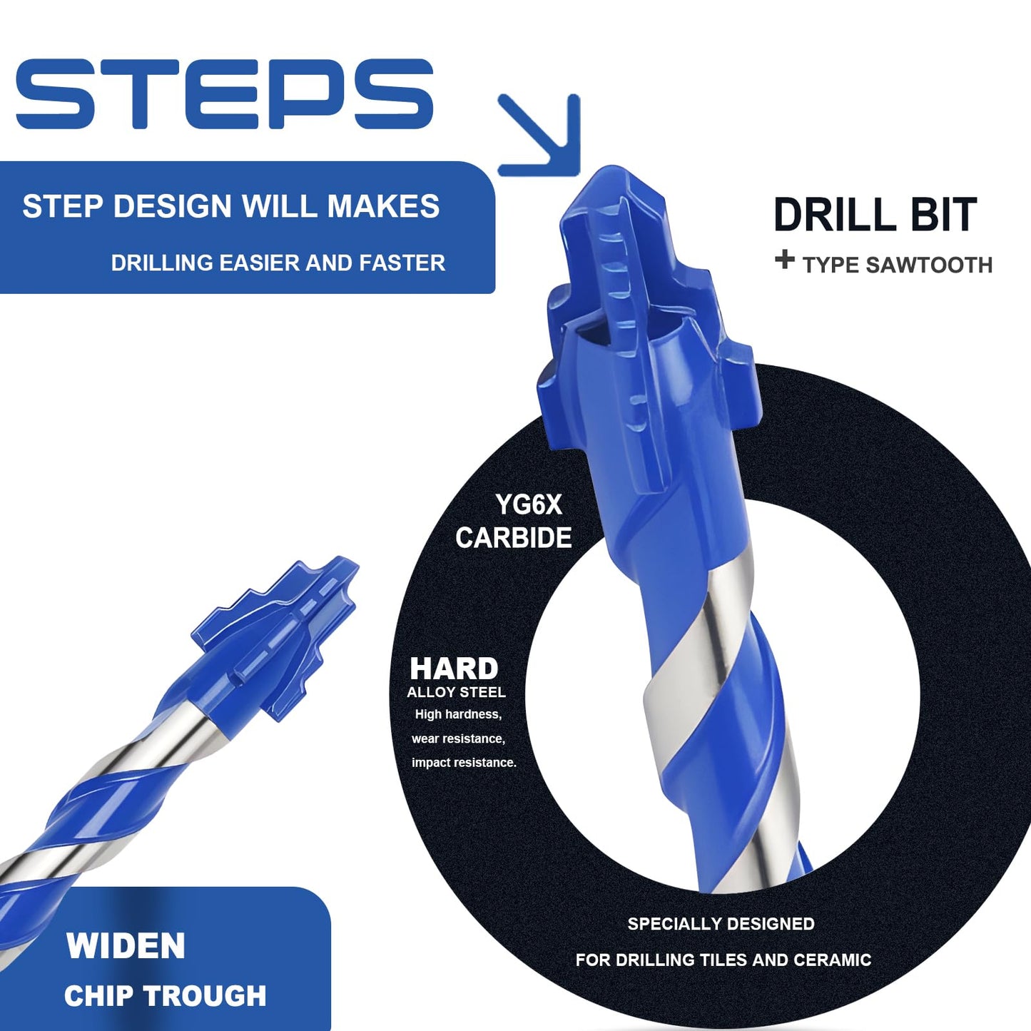 5 Pack 3/16" Tile Drill Bits, Hex Shank Step Masonry Drill Bits for Tile,Concrete, Porcelain,Brick, Glass, Cement, 6" Length