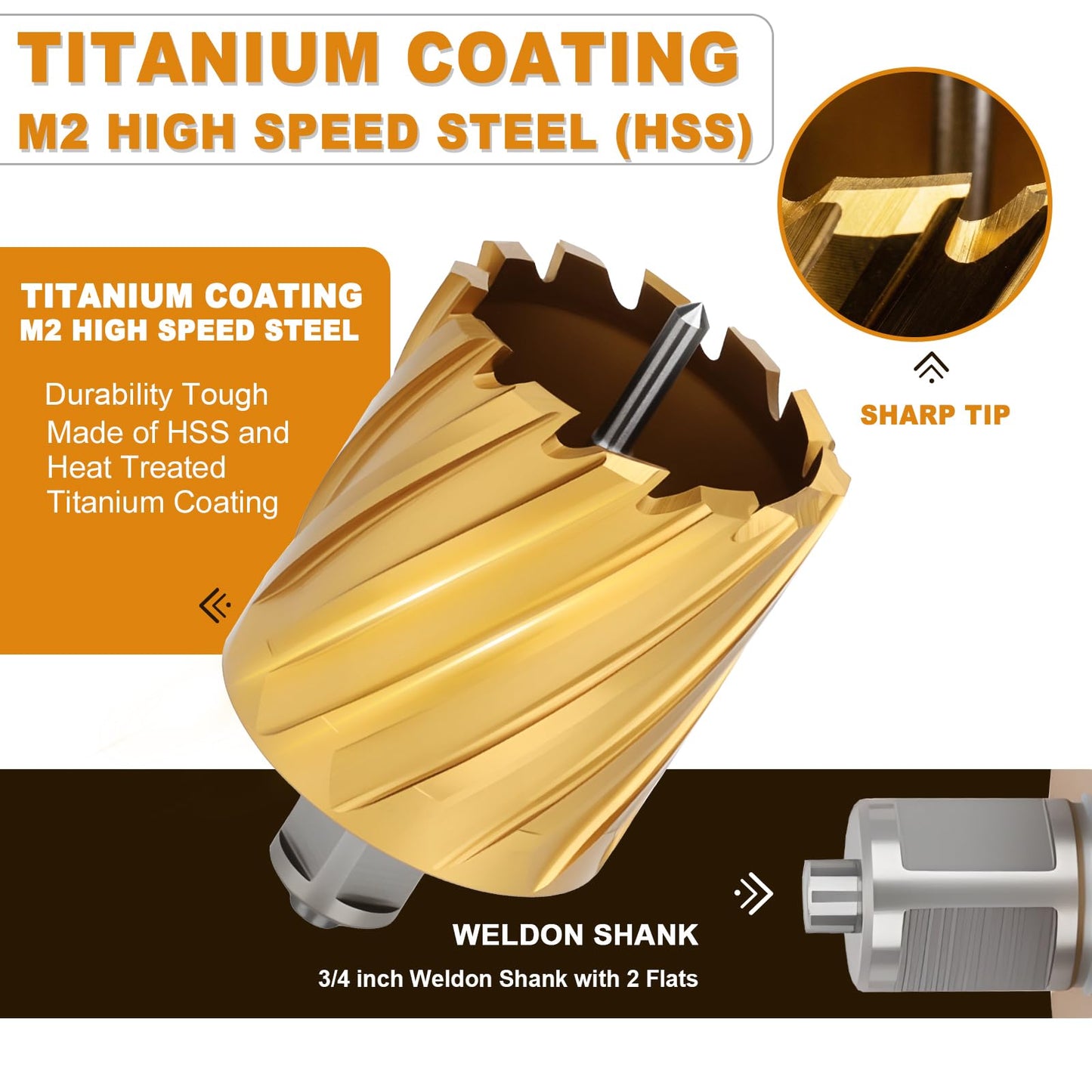 21/32"x1" HSS Annular Cutter，Titanium Coating，Weldon Shank，Diameter 21/32"，Cutting Depth 1"